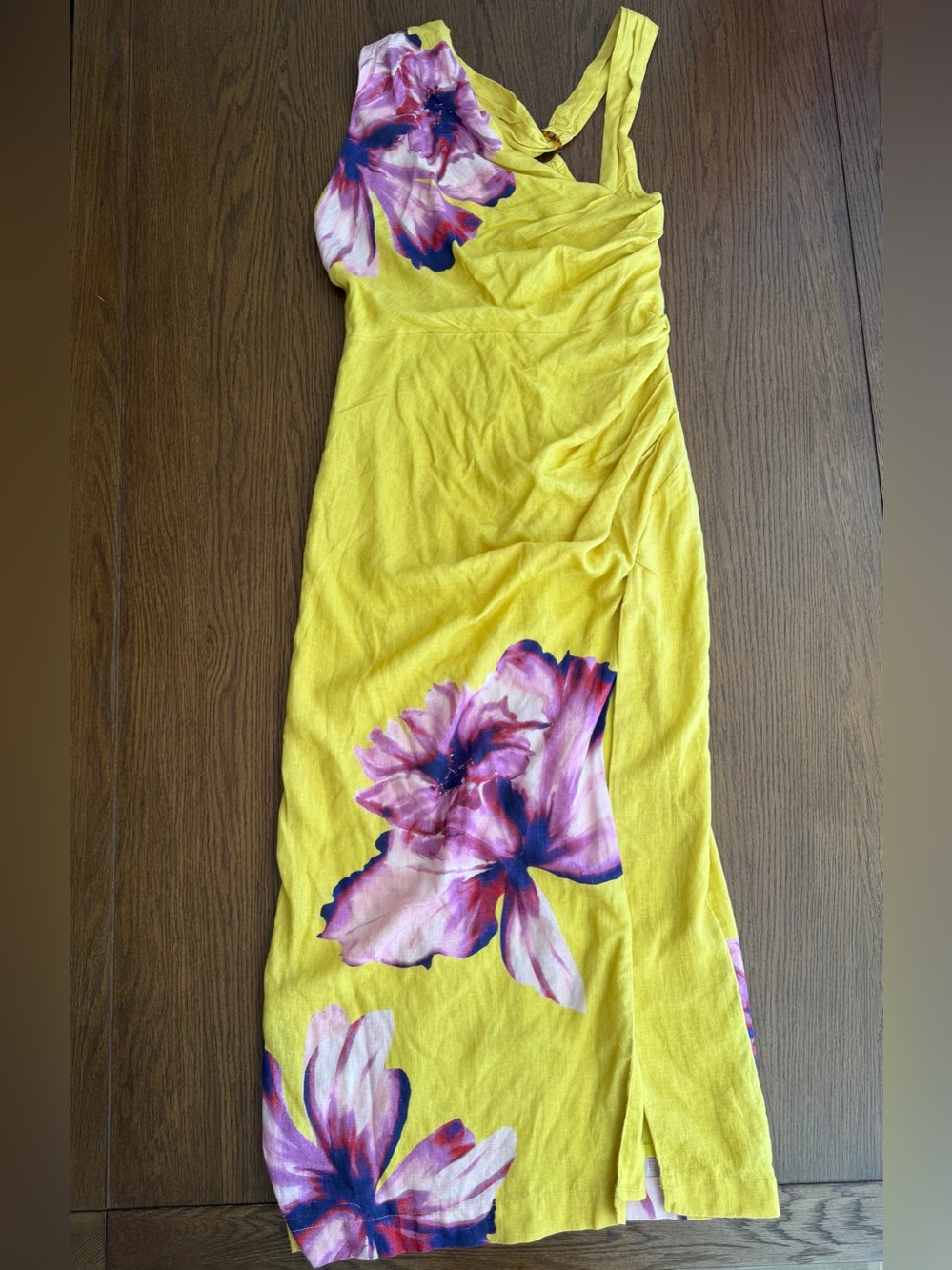 NWT Anthropologie Yellow Linen Asymmetrical Maxi Dress with Purple Floral Print